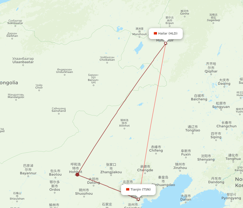 TSN to HLD flights and routes map