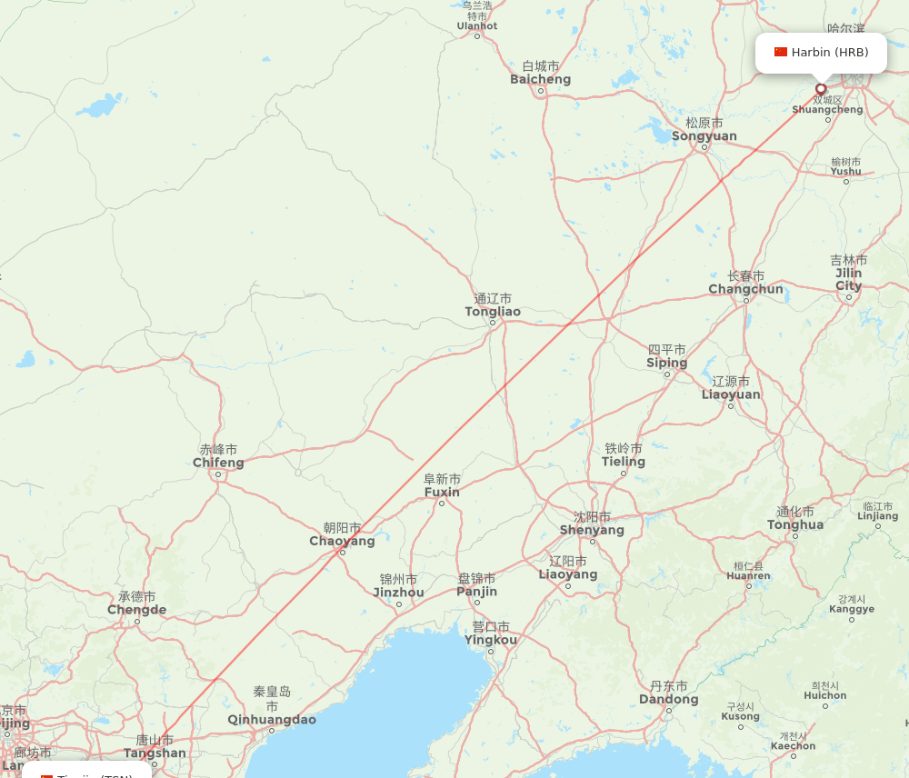 Tianjin - Harbin route map and flight paths