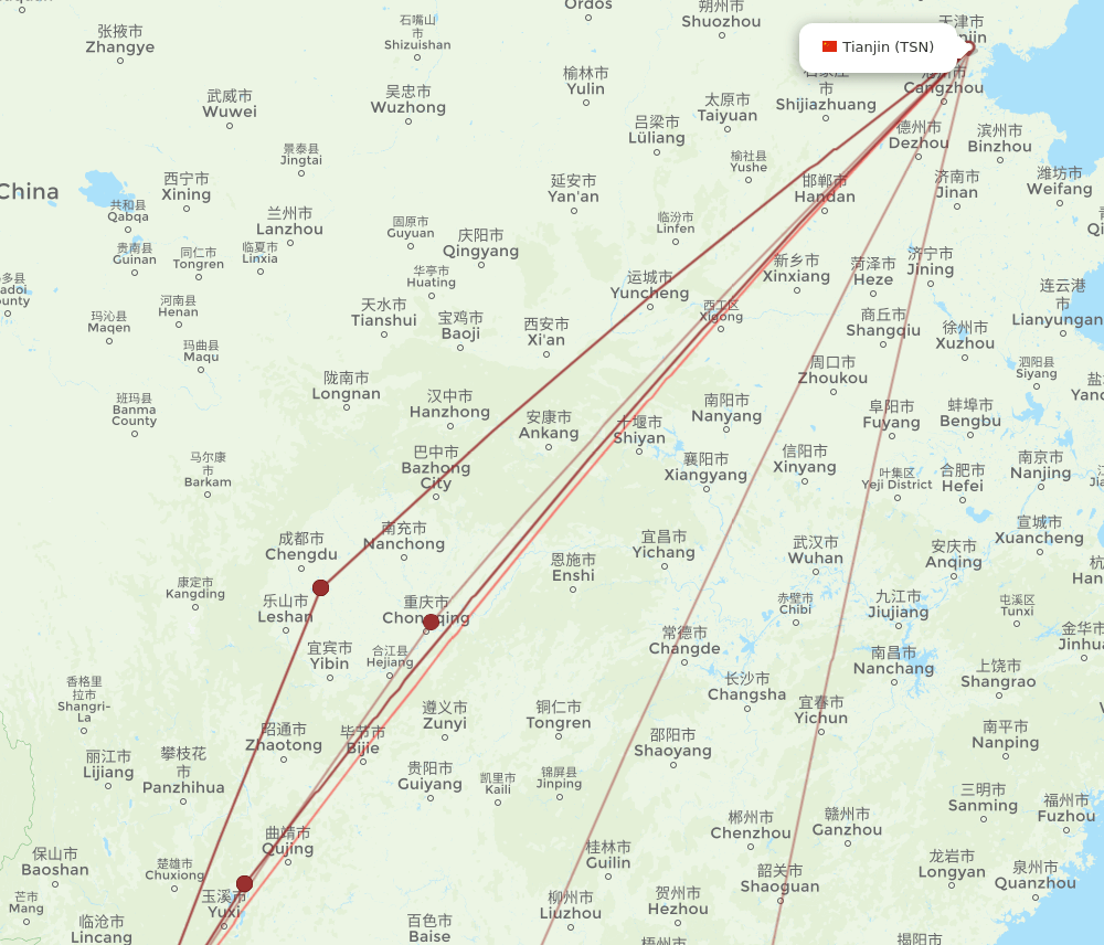 TSN to JHG flights and routes map