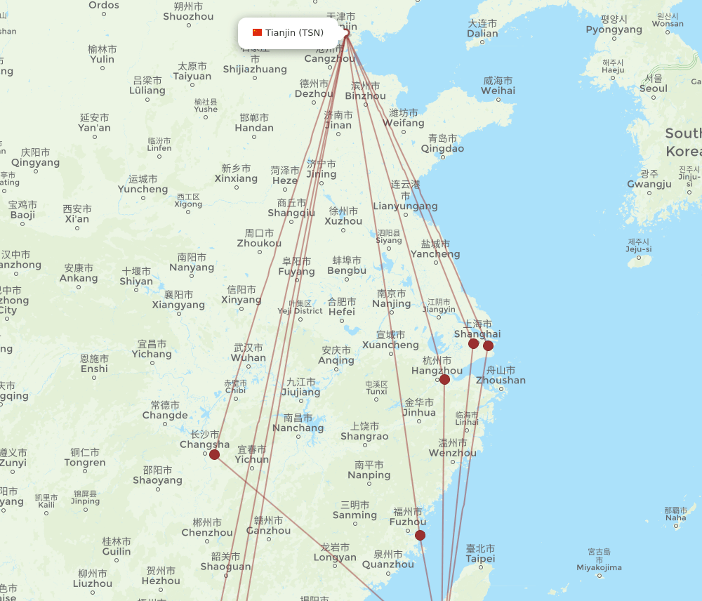 TSN to KHH flights and routes map