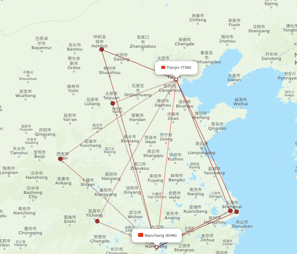 TSN to KHN flights and routes map