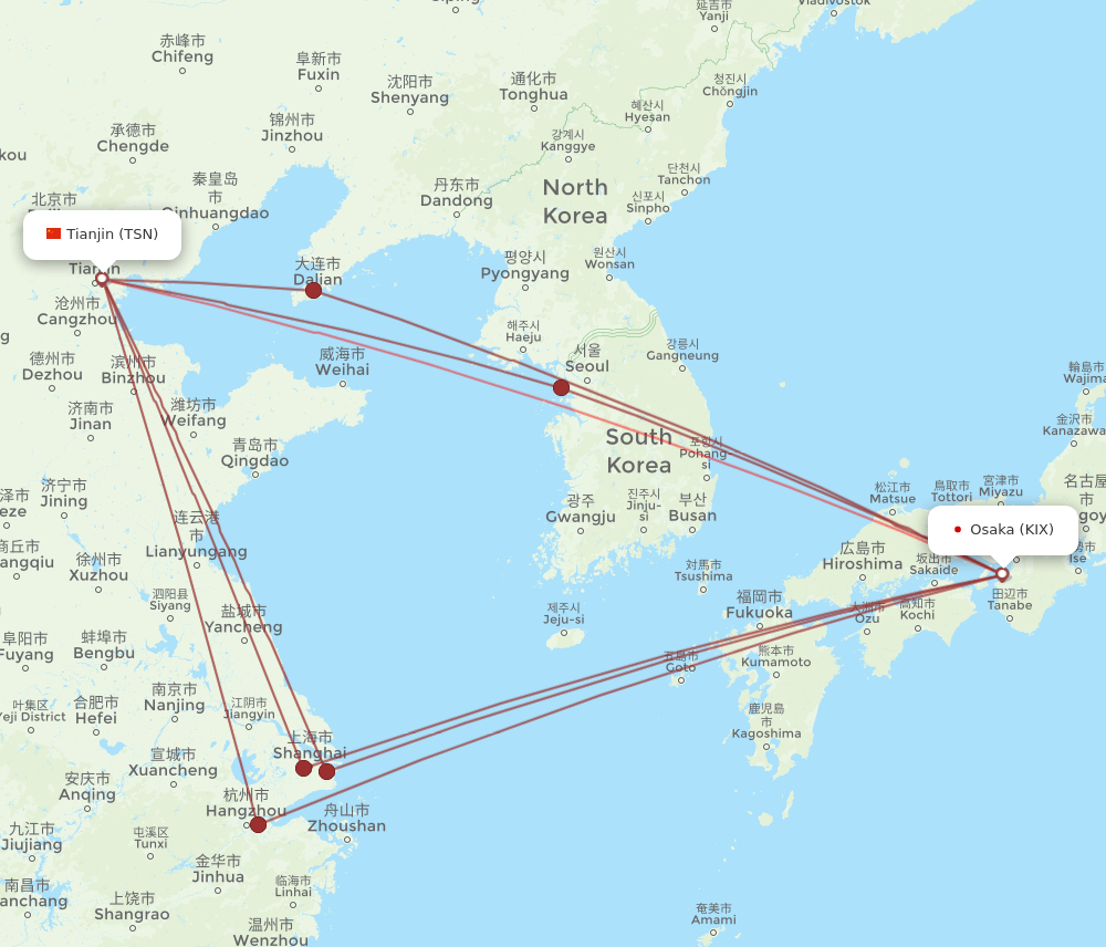 TSN-KIX flight routes