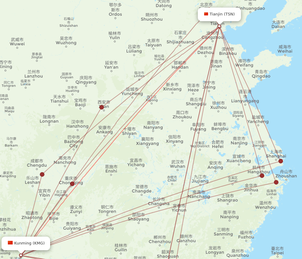 TSN to KMG flights and routes map