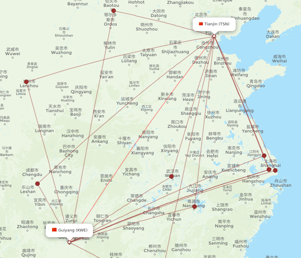 TSN to KWE flights and routes map