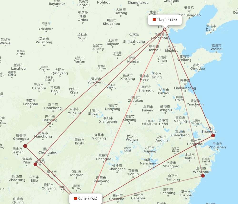 TSN-KWL flight routes