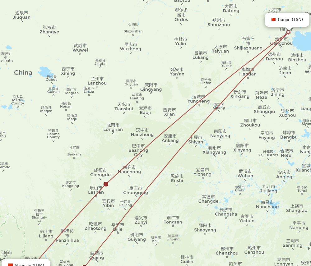 TSN to LUM flights and routes map