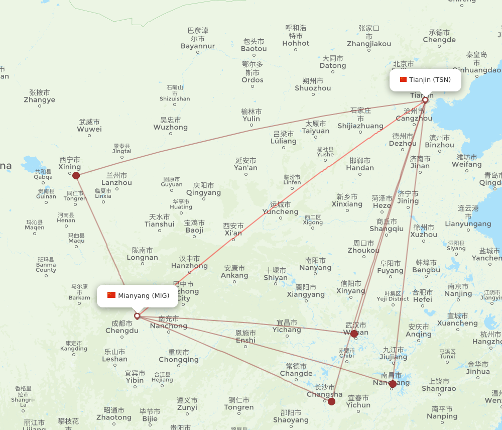 TSN to MIG flights and routes map