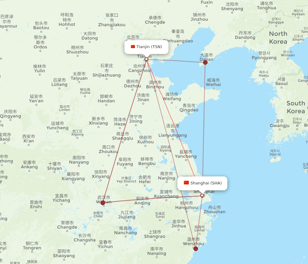 TSN to SHA flights and routes map