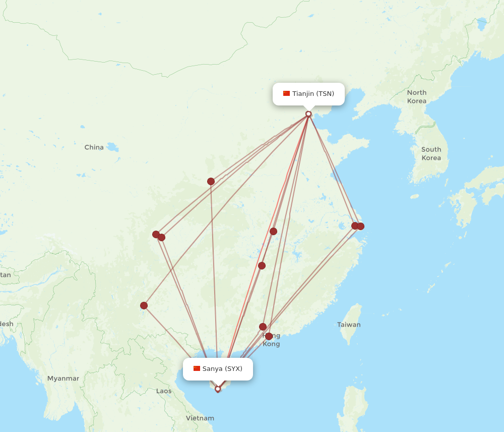 TSN to SYX flights and routes map