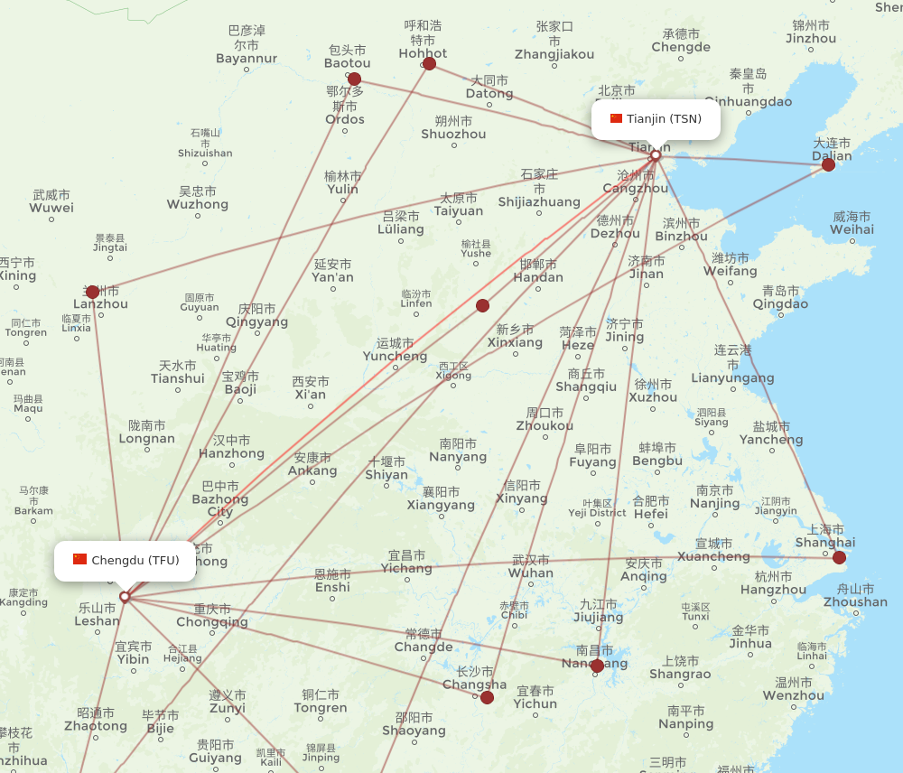 TSN to TFU flights and routes map