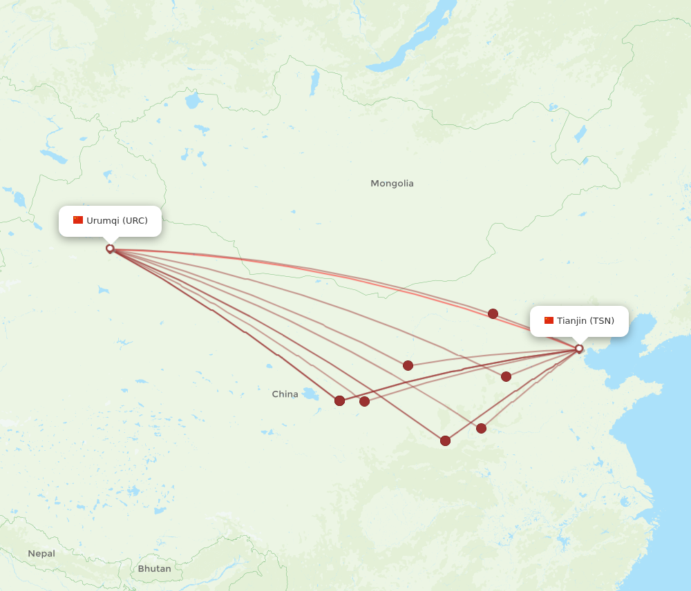 TSN to URC flights and routes map