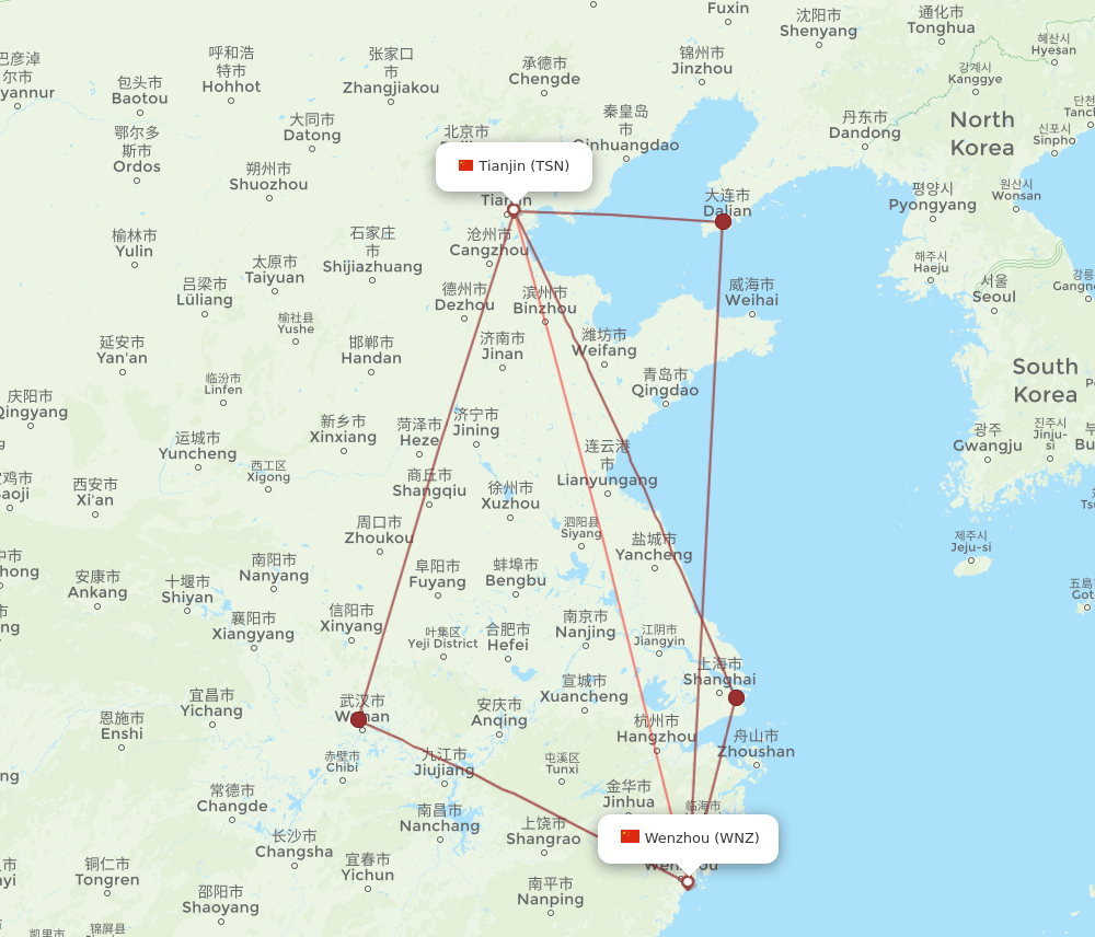 TSN to WNZ flights and routes map