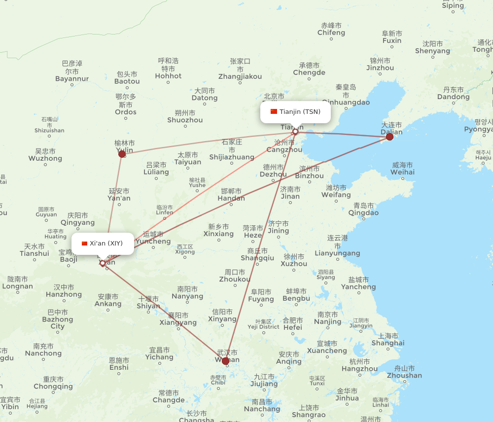 TSN to XIY flights and routes map
