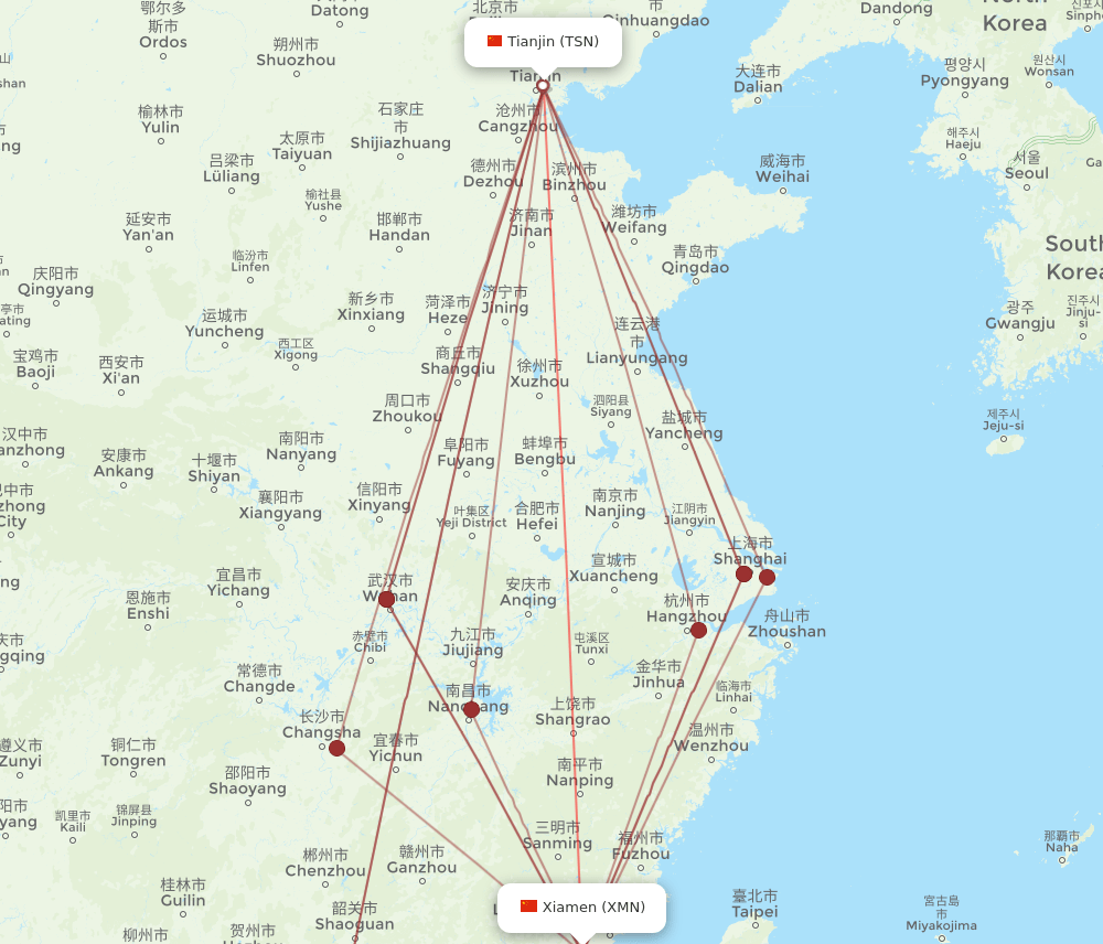 TSN-XMN flight routes