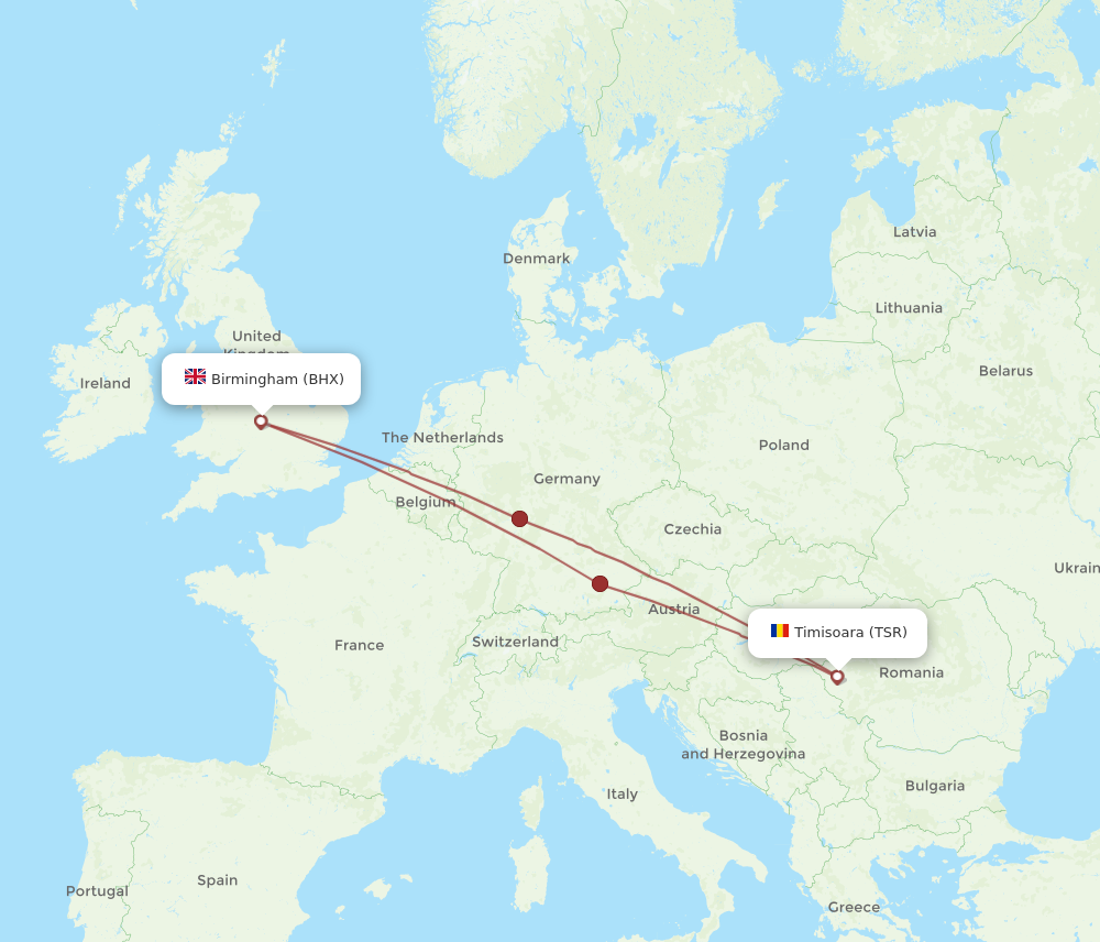 TSR to BHX flights and routes map