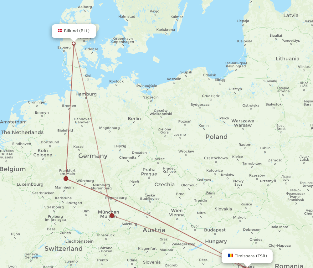TSR to BLL flights and routes map