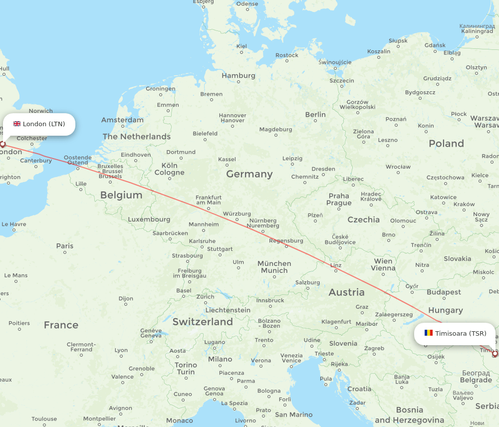Timisoara - London route map and flight paths