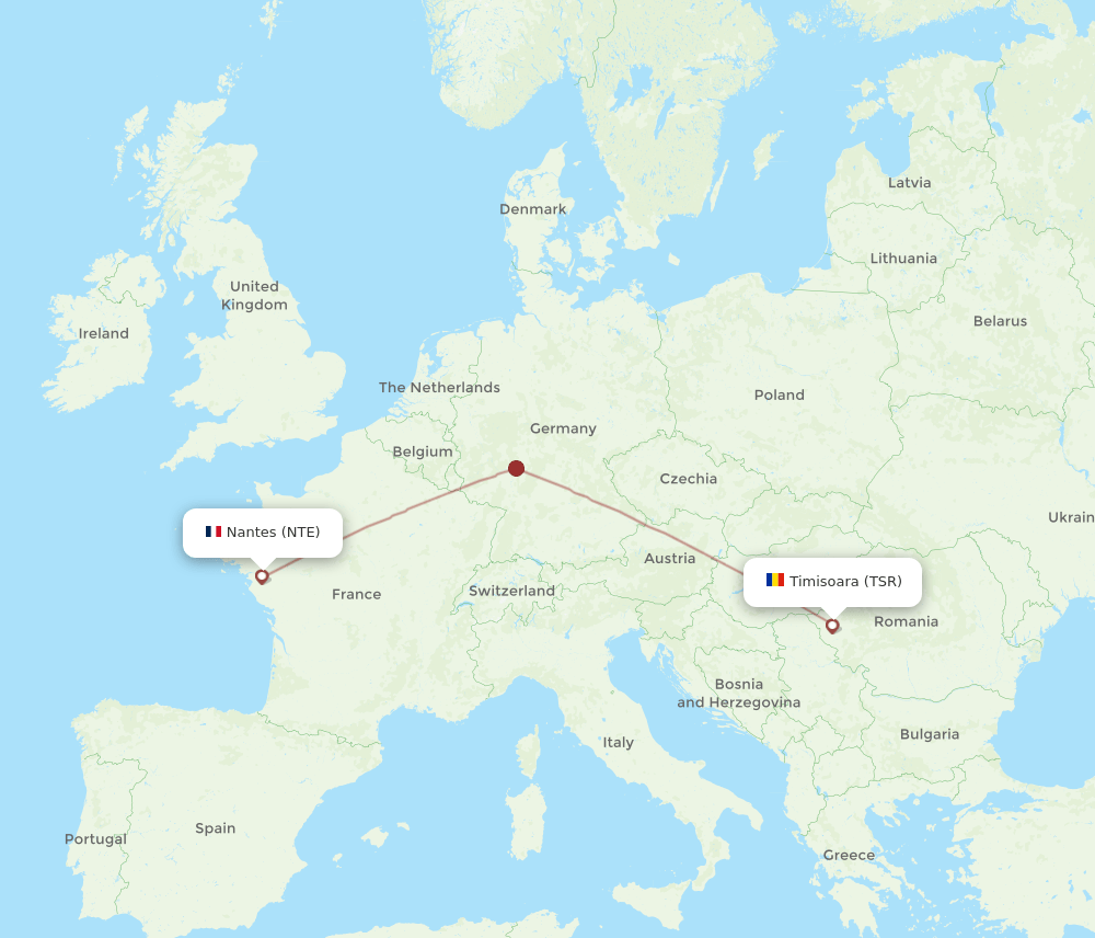 Nantes - Timisoara route map and flight paths
