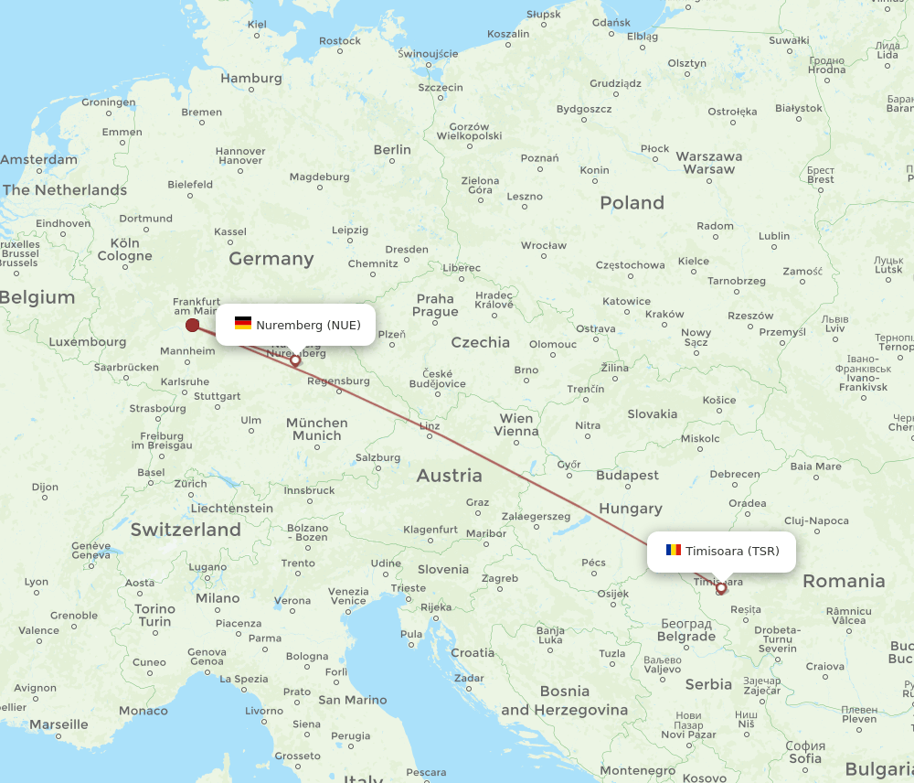 Timisoara - Nuremberg route map and flight paths