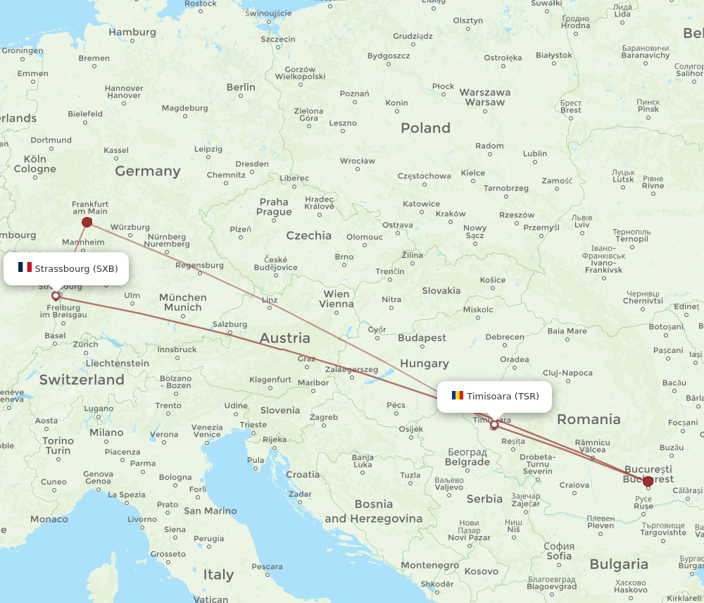 Strasbourg - Timisoara route map and flight paths