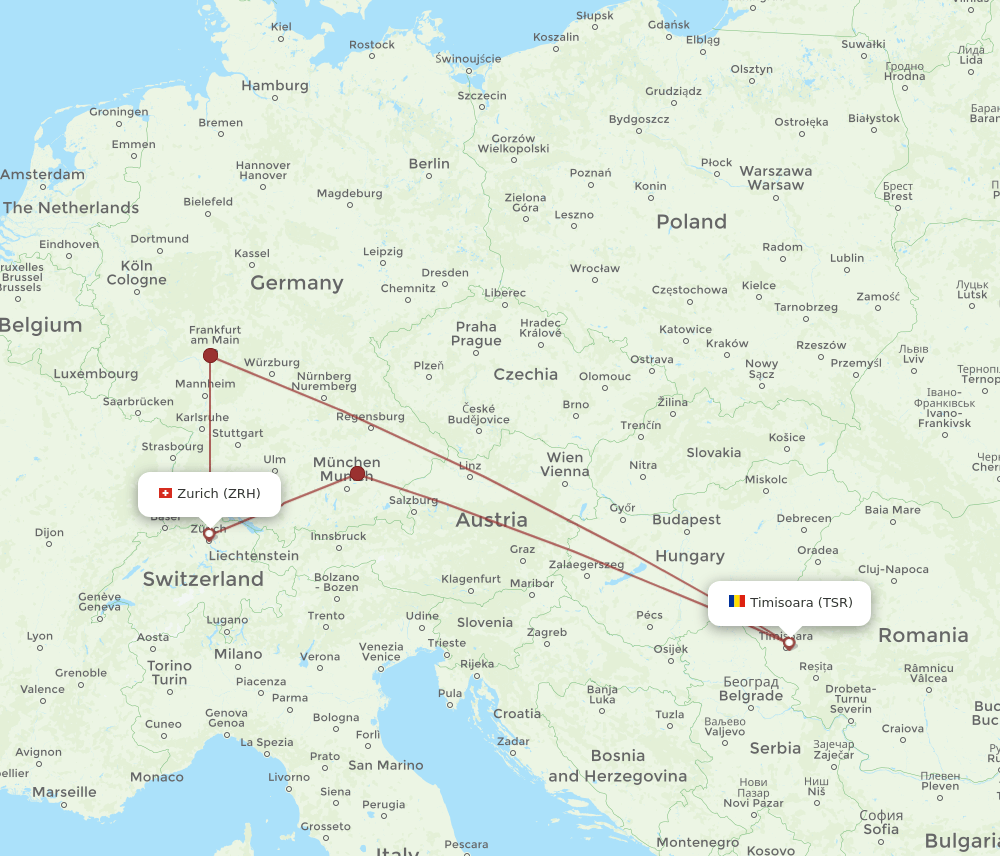 Zurich - Timisoara route map and flight paths