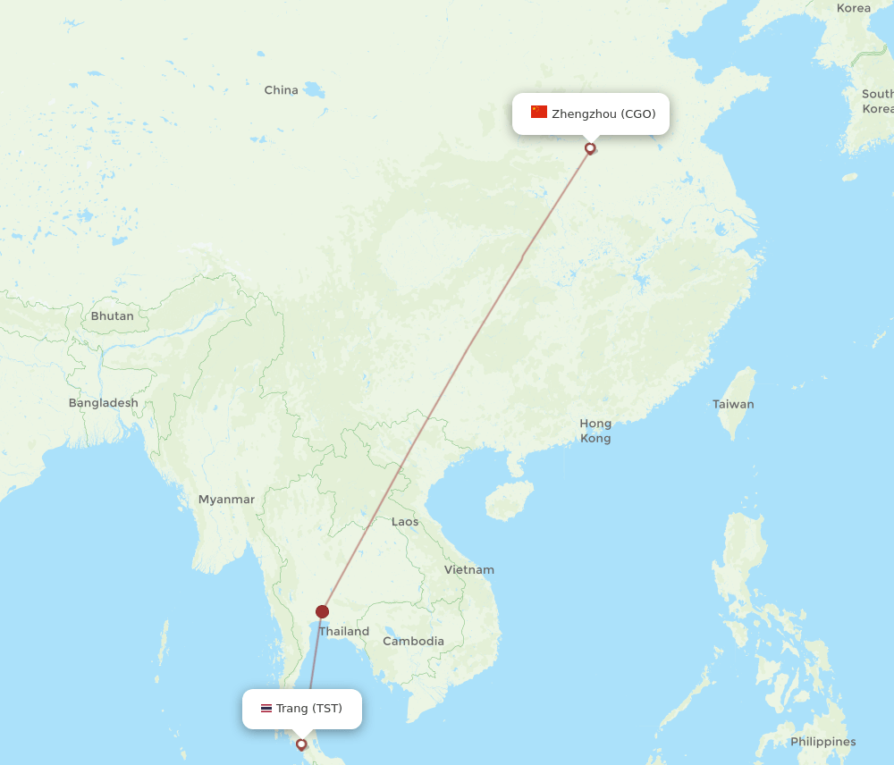 Zhengzhou - Trang route map and flight paths