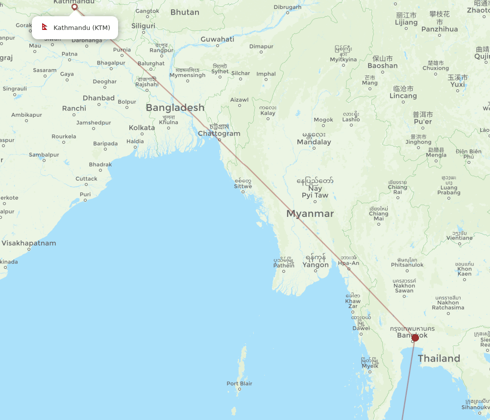Trang - Kathmandu route map and flight paths