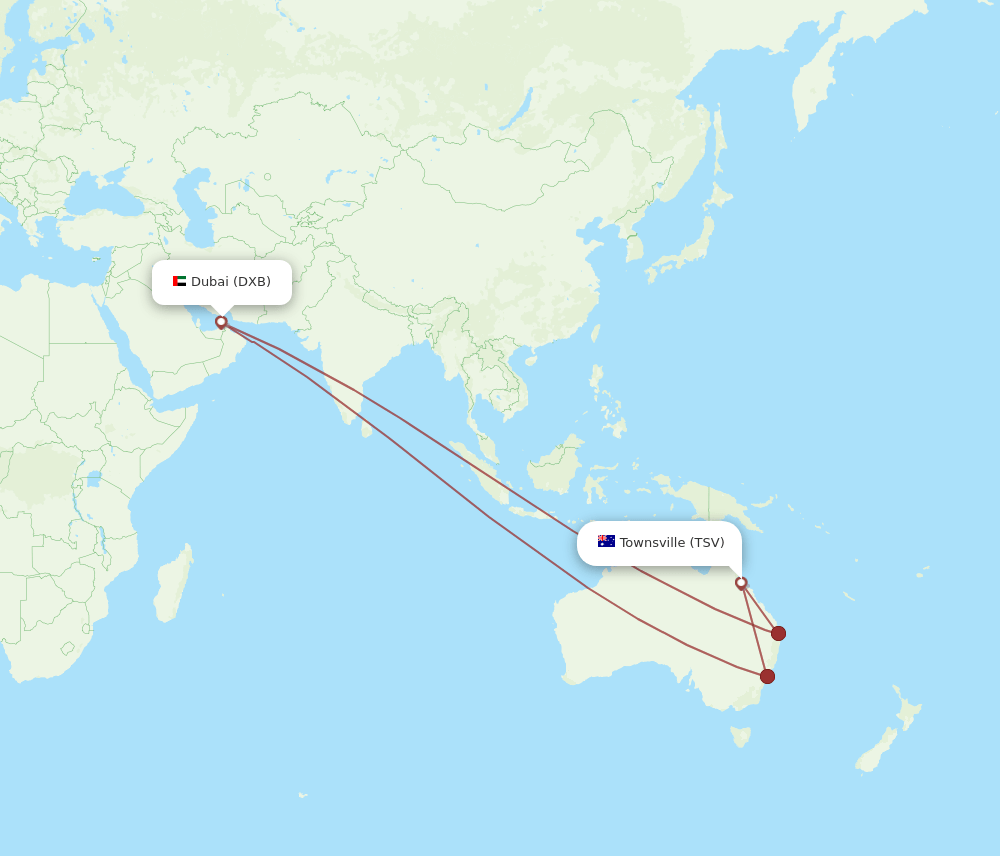 TSV to DXB flights and routes map