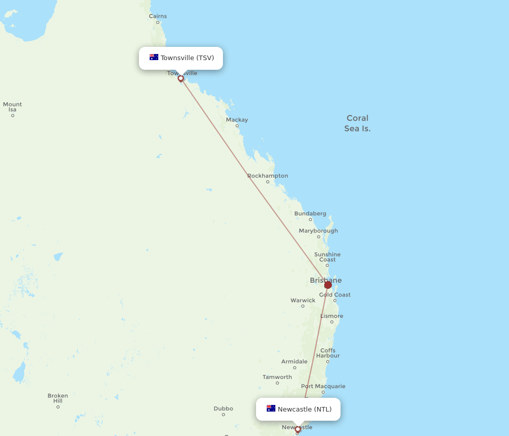TSV to NTL flights and routes map