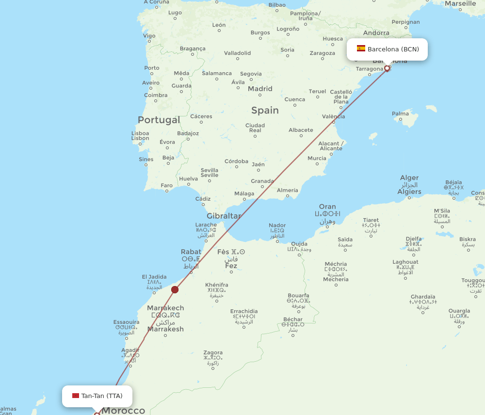 Barcelona - Tan Tan route map and flight paths