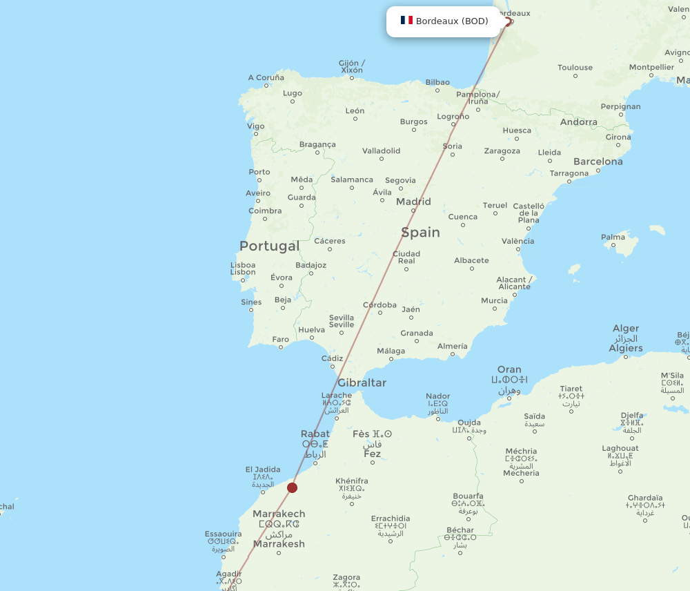 Bordeaux - Tan Tan route map and flight paths