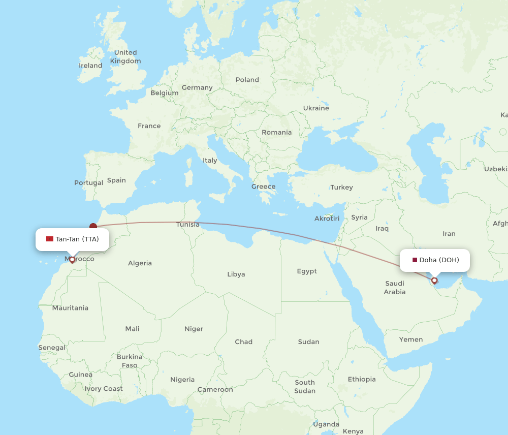 Doha - Tan Tan route map and flight paths