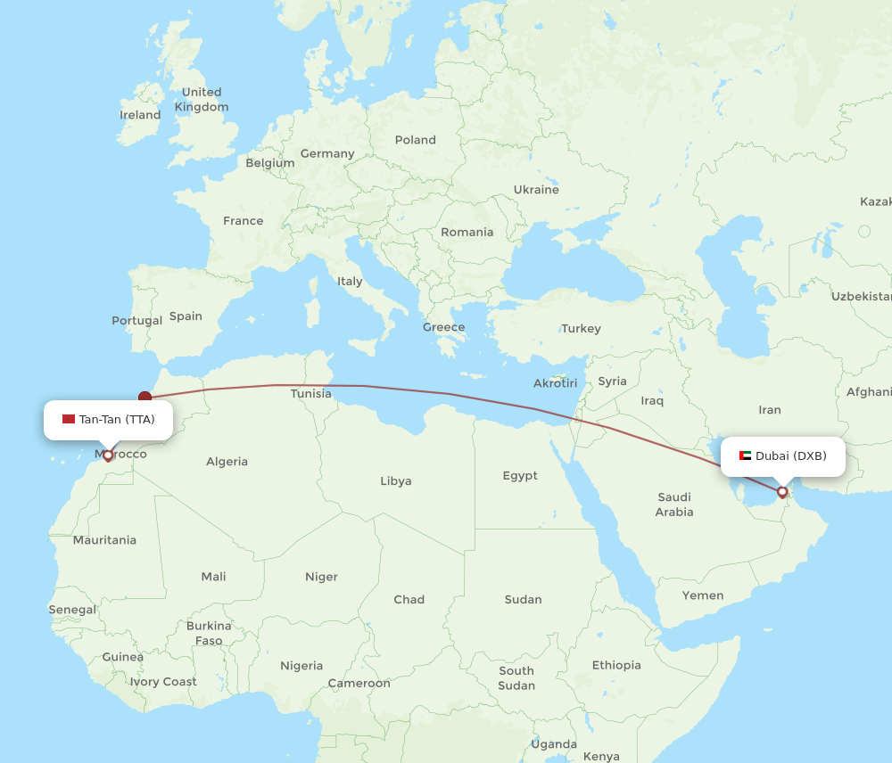 DXB to TTA flights and routes map