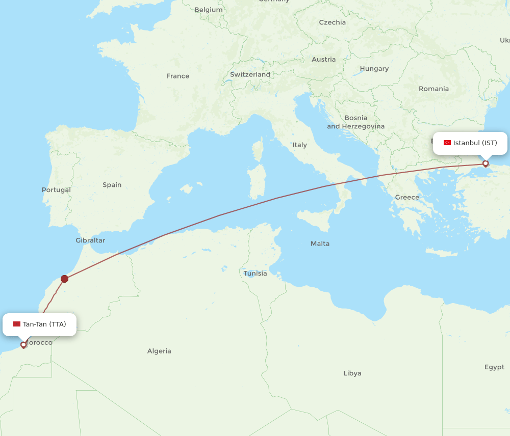 Istanbul - Tan Tan route map and flight paths