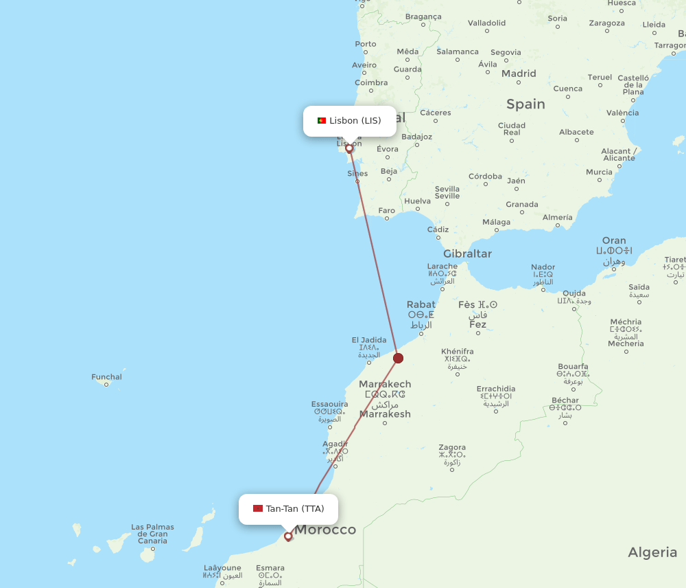 Lisbon - Tan Tan route map and flight paths