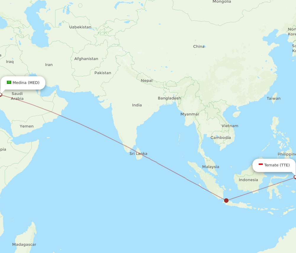 Madinah - Ternate route map and flight paths