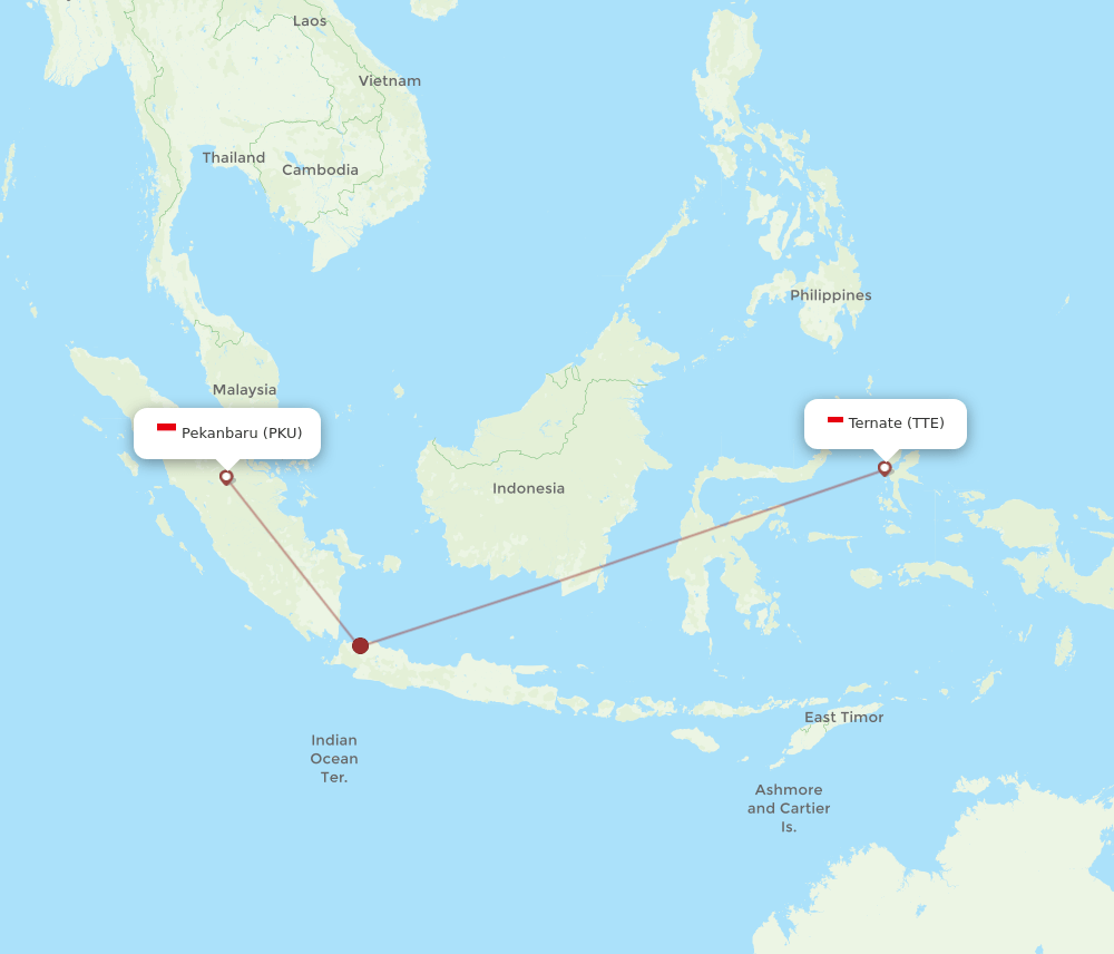 Pekanbaru - Ternate route map and flight paths