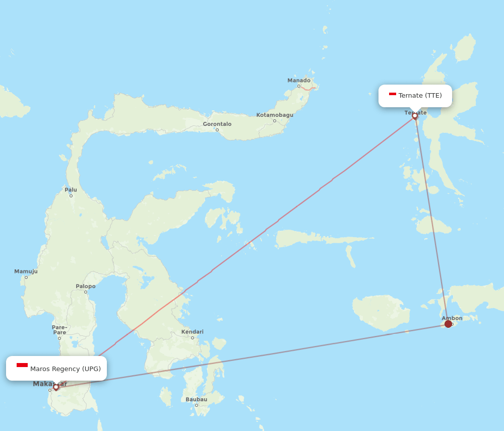 Ternate - Ujung Pandang route map and flight paths
