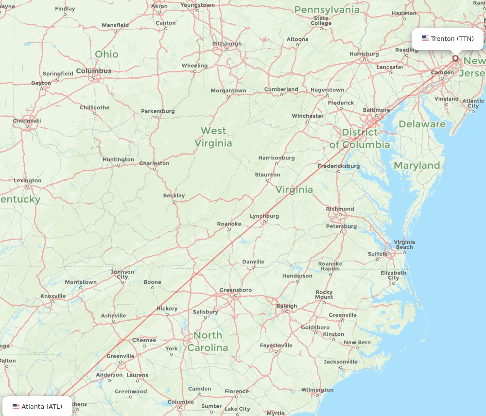 Trenton - Atlanta route map and flight paths