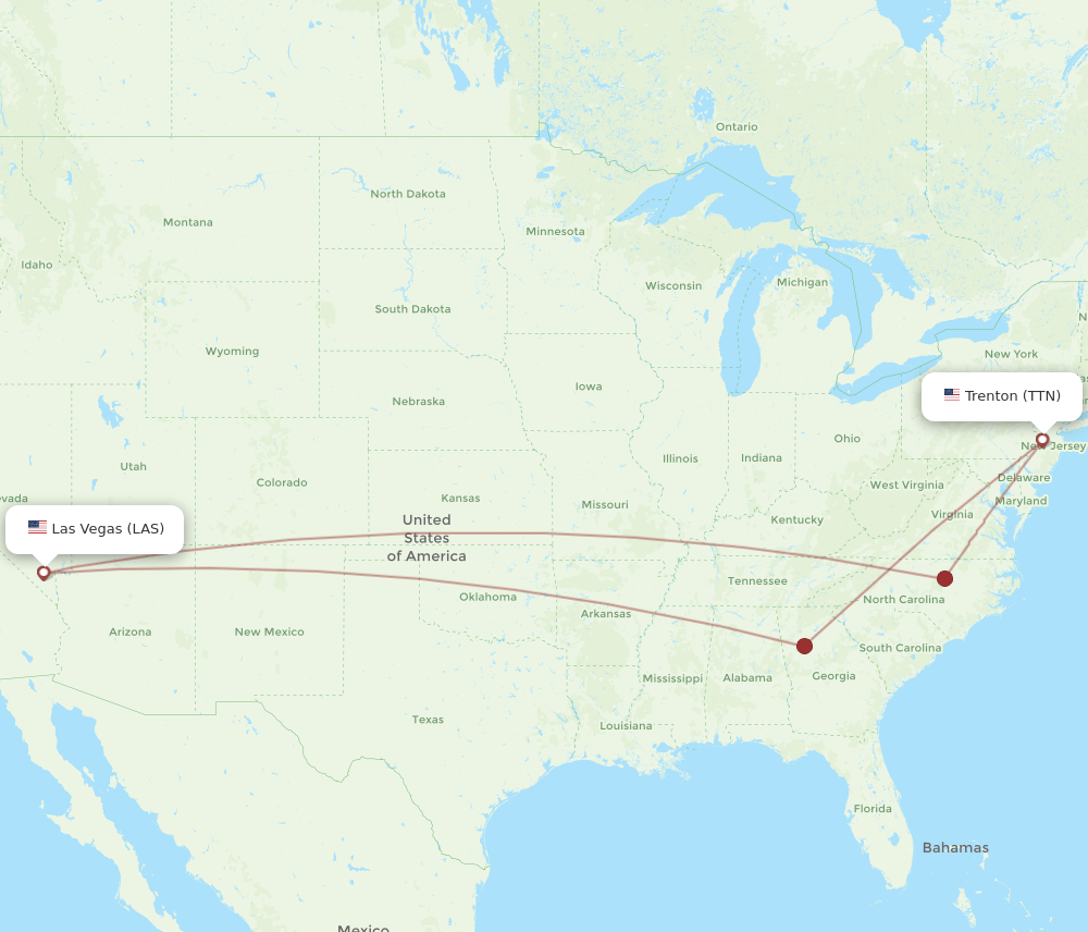 Trenton - Las Vegas route map and flight paths