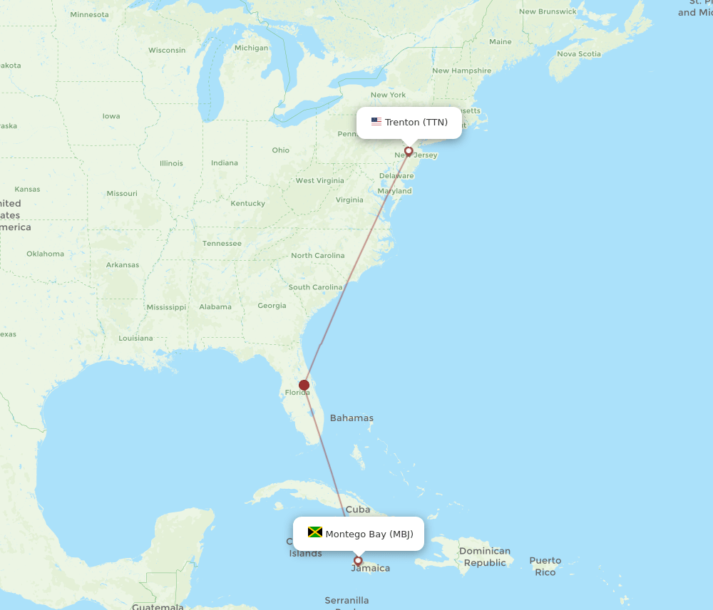 TTN to MBJ flights and routes map
