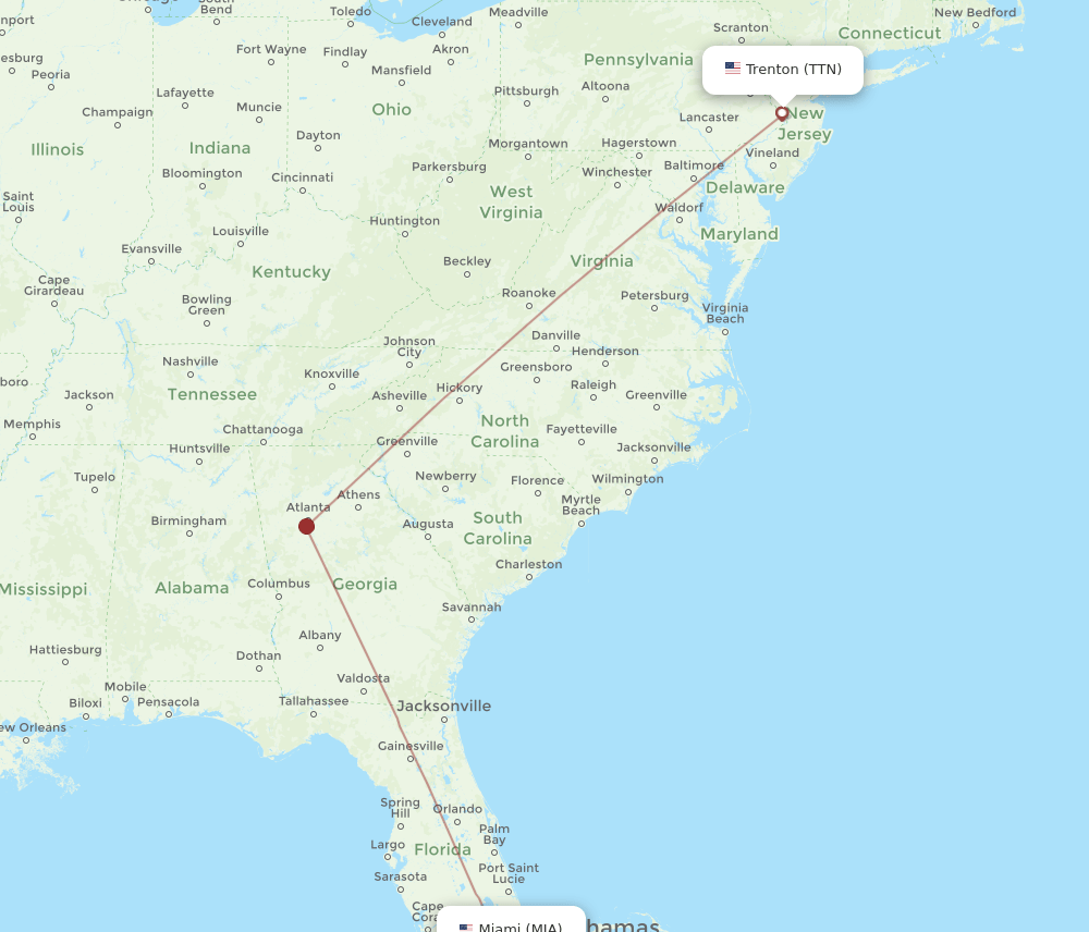 Trenton - Miami route map and flight paths