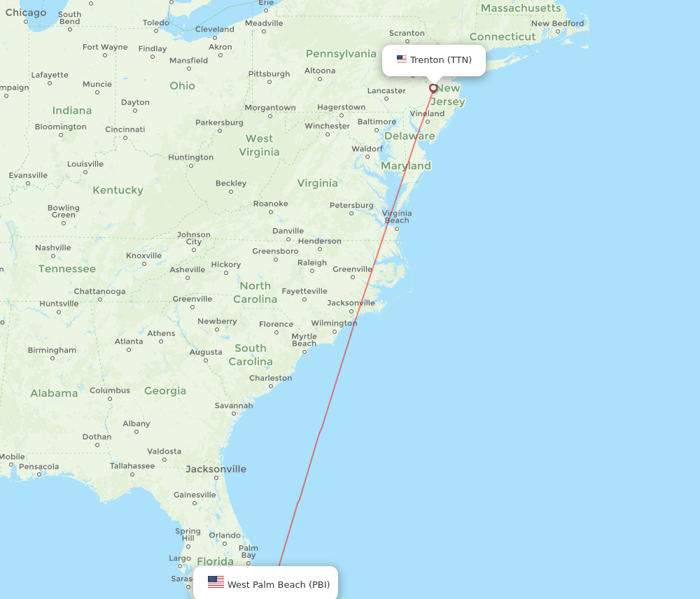 Trenton - West Palm Beach route map and flight paths