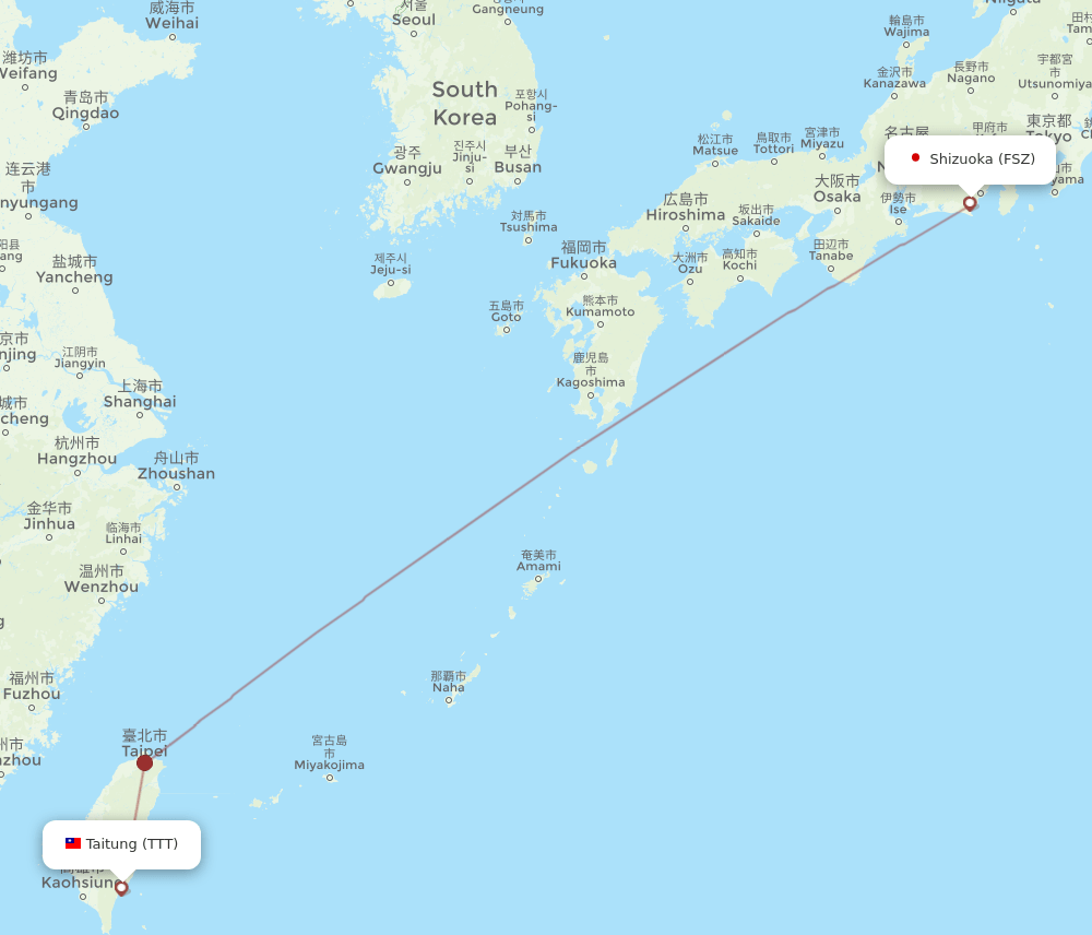 Taitung City - Shizuoka route map and flight paths