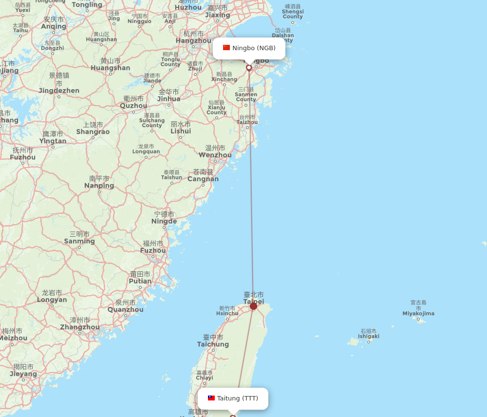 Ningbo - Taitung City route map and flight paths