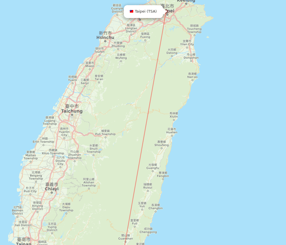 Taitung City - Taipei route map and flight paths