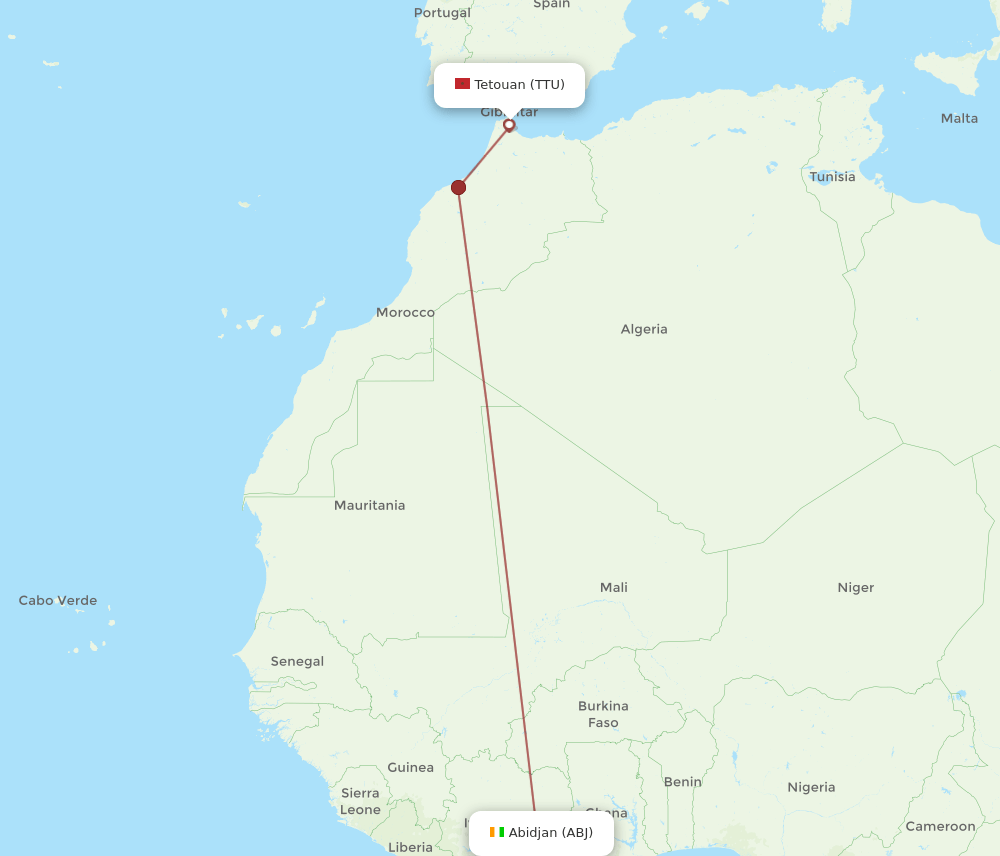 Abidjan - Tetouan route map and flight paths