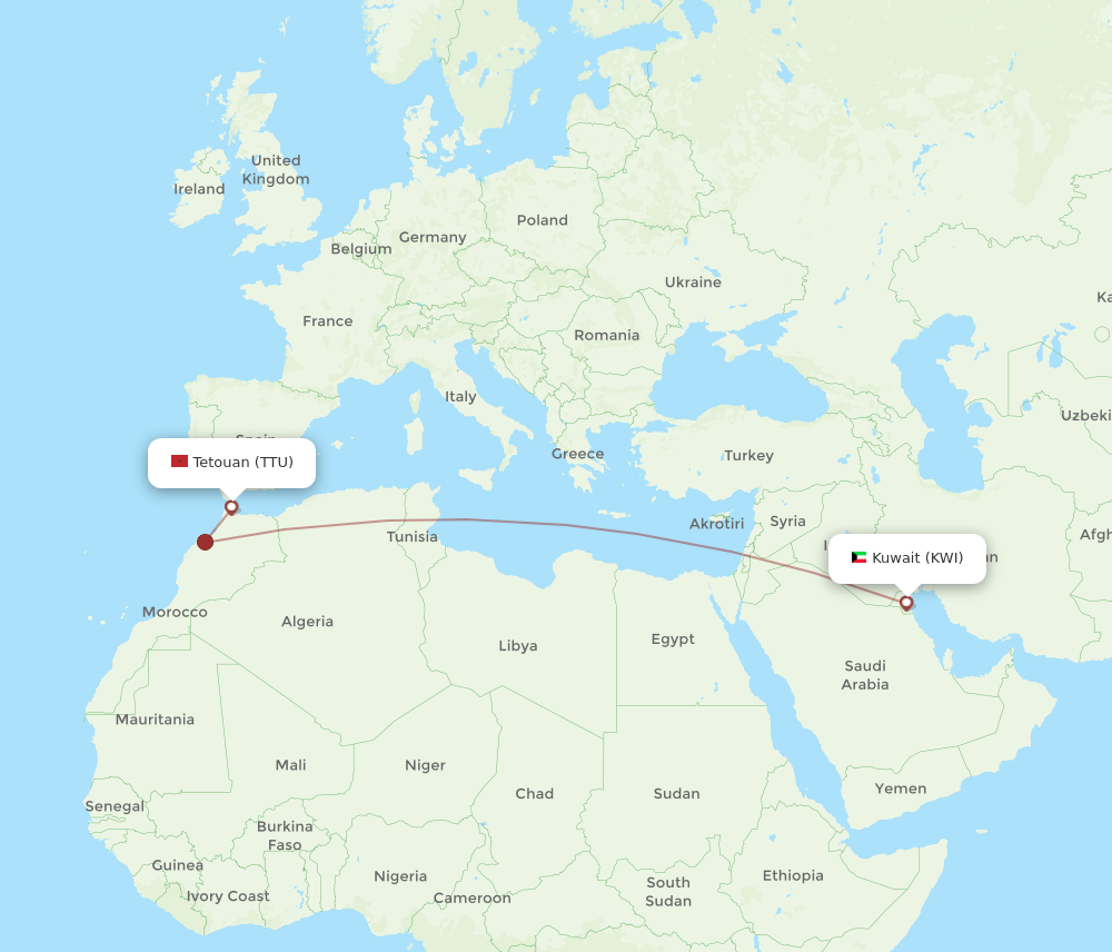 Kuwait - Tetouan route map and flight paths