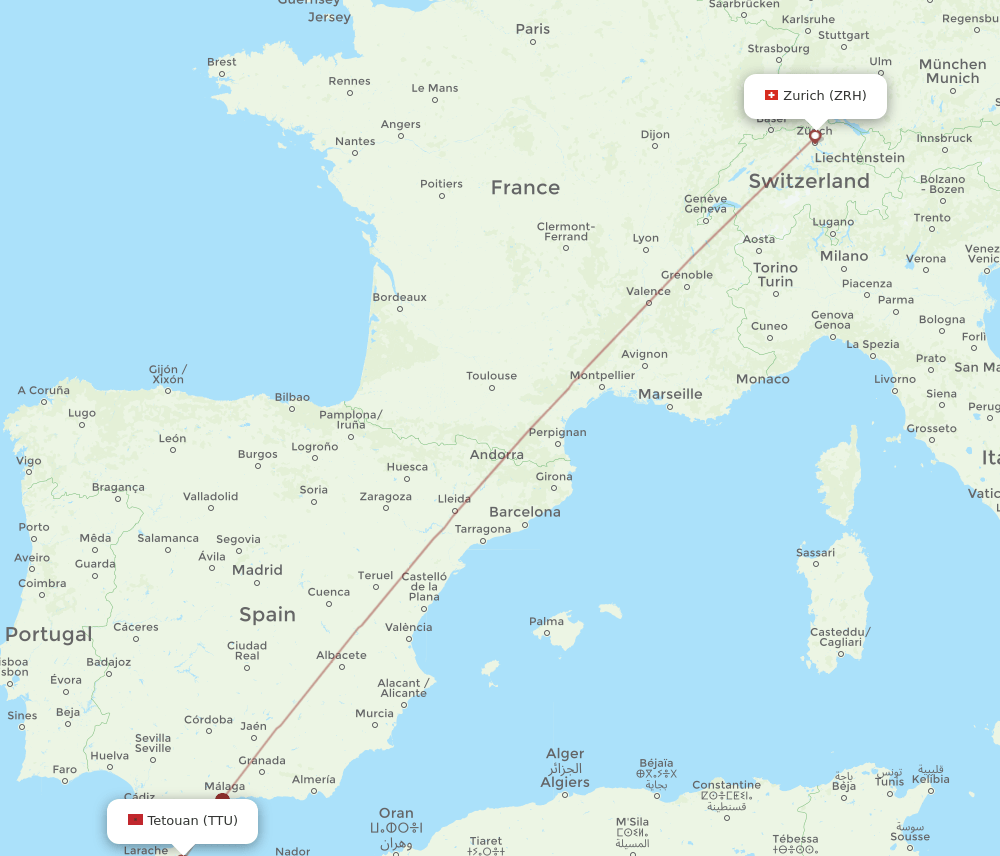Zurich - Tetouan route map and flight paths