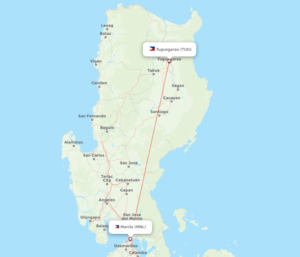 TUG to MNL flights and routes map